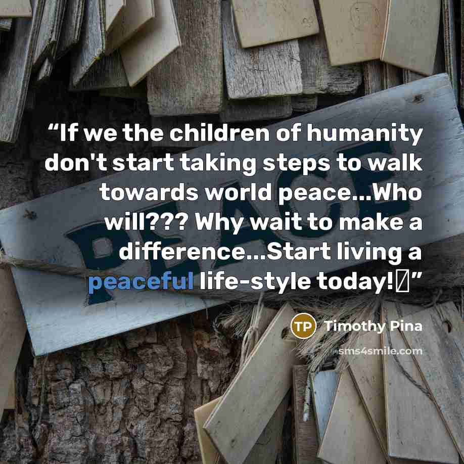 “If we the children of humanity don't start taking steps to walk towards world peace...Who will??? Why wait to make a difference...Start living a peaceful life-style today!✌” quote by Timothy Pina
