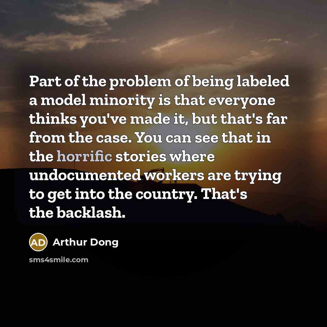 “Part of the problem of being labeled a model minority is that everyone thinks you've made it, but that's far from the case. You can see that in the horrific stories where undocumented workers are trying to get into the country. That's the backlash.” quote by Arthur Dong