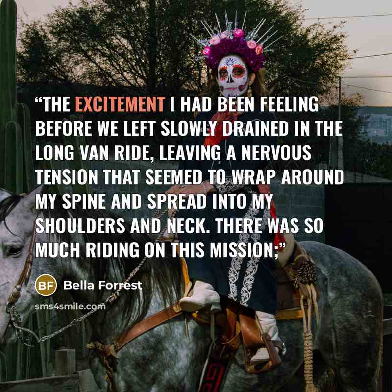 “The excitement I had been feeling before we left slowly drained in the long van ride, leaving a nervous tension that seemed to wrap around my spine and spread into my shoulders and neck. There was so much riding on this mission;” quote by Bella Forrest