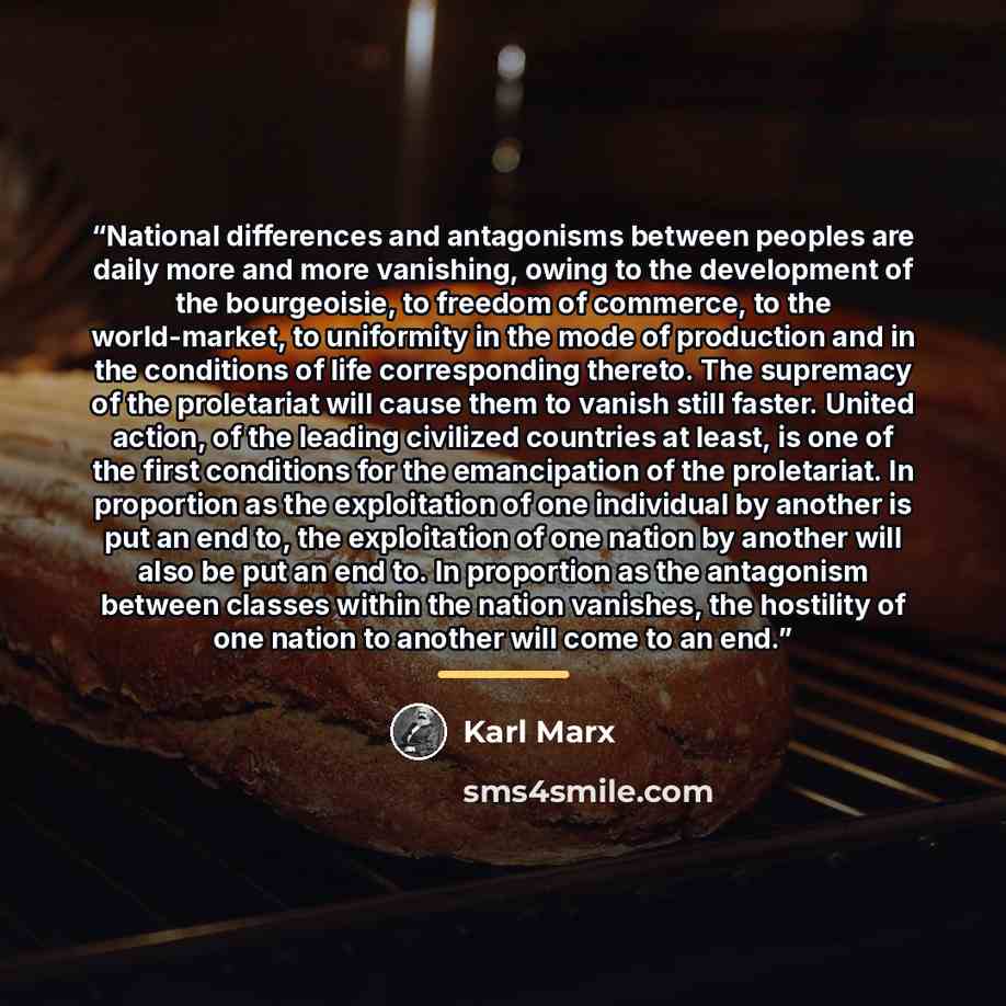 “National differences and antagonisms between peoples are daily more and more vanishing, owing to the development of the bourgeoisie, to freedom of commerce, to the world-market, to uniformity in the mode of production and in the conditions of life corresponding thereto. The supremacy of the…” quote by Karl Marx