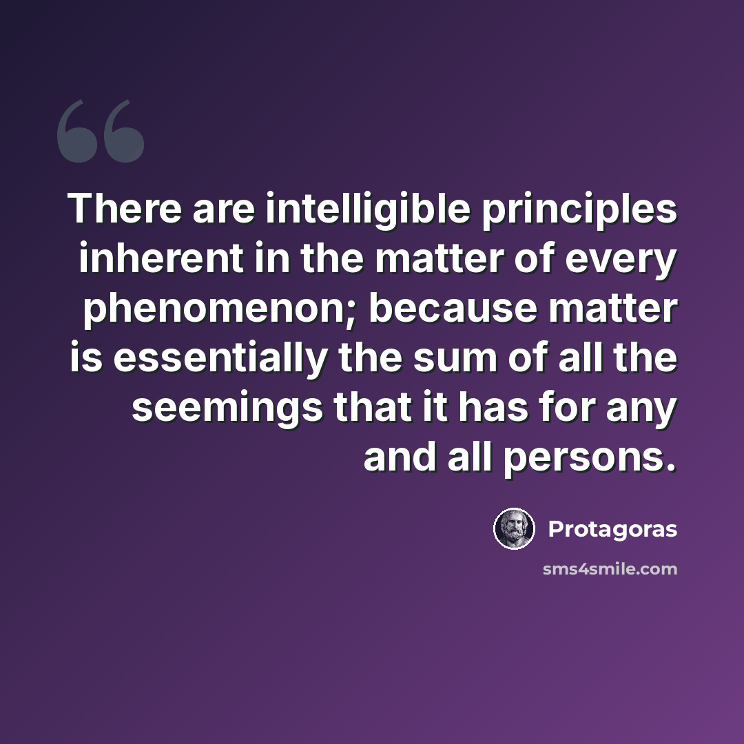 “There are intelligible principles inherent in the matter of every phenomenon; because matter is essentially the sum of all the seemings that it has for any and all persons.” quote by Protagoras