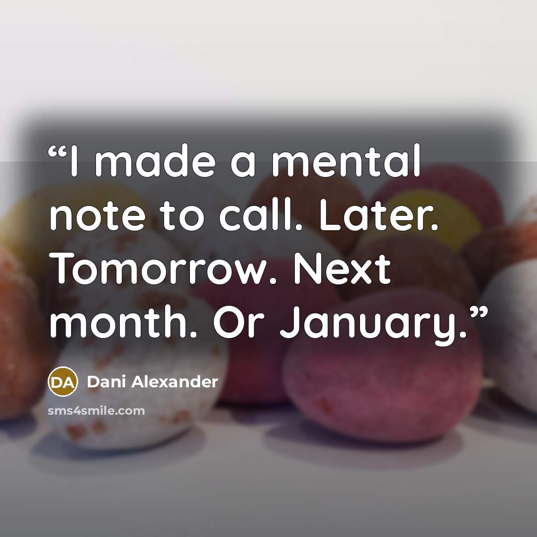 “I made a mental note to call. Later. Tomorrow. Next month. Or January.” quote by Dani Alexander