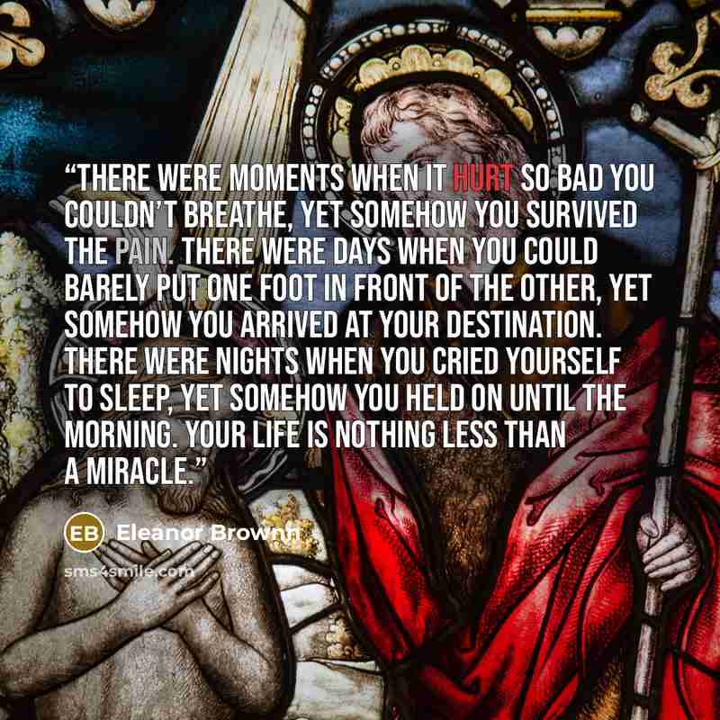 “There were moments when it hurt so bad you couldn’t breathe, yet somehow you survived the pain. There were days when you could barely put one foot in front of the other, yet somehow you arrived at your destination. There were nights when you cried yourself to sleep, yet somehow you held on until…” quote by Eleanor Brownn