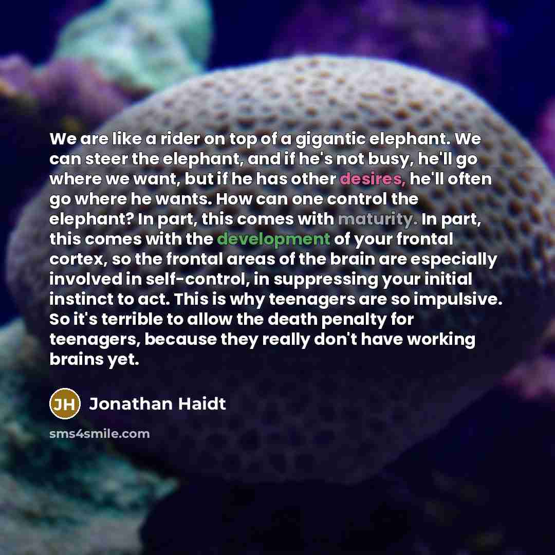 “We are like a rider on top of a gigantic elephant. We can steer the elephant, and if he's not busy, he'll go where we want, but if he has other desires, he'll often go where he wants. How can one control the elephant? In part, this comes with maturity. In part, this comes with the development of…” quote by Jonathan Haidt