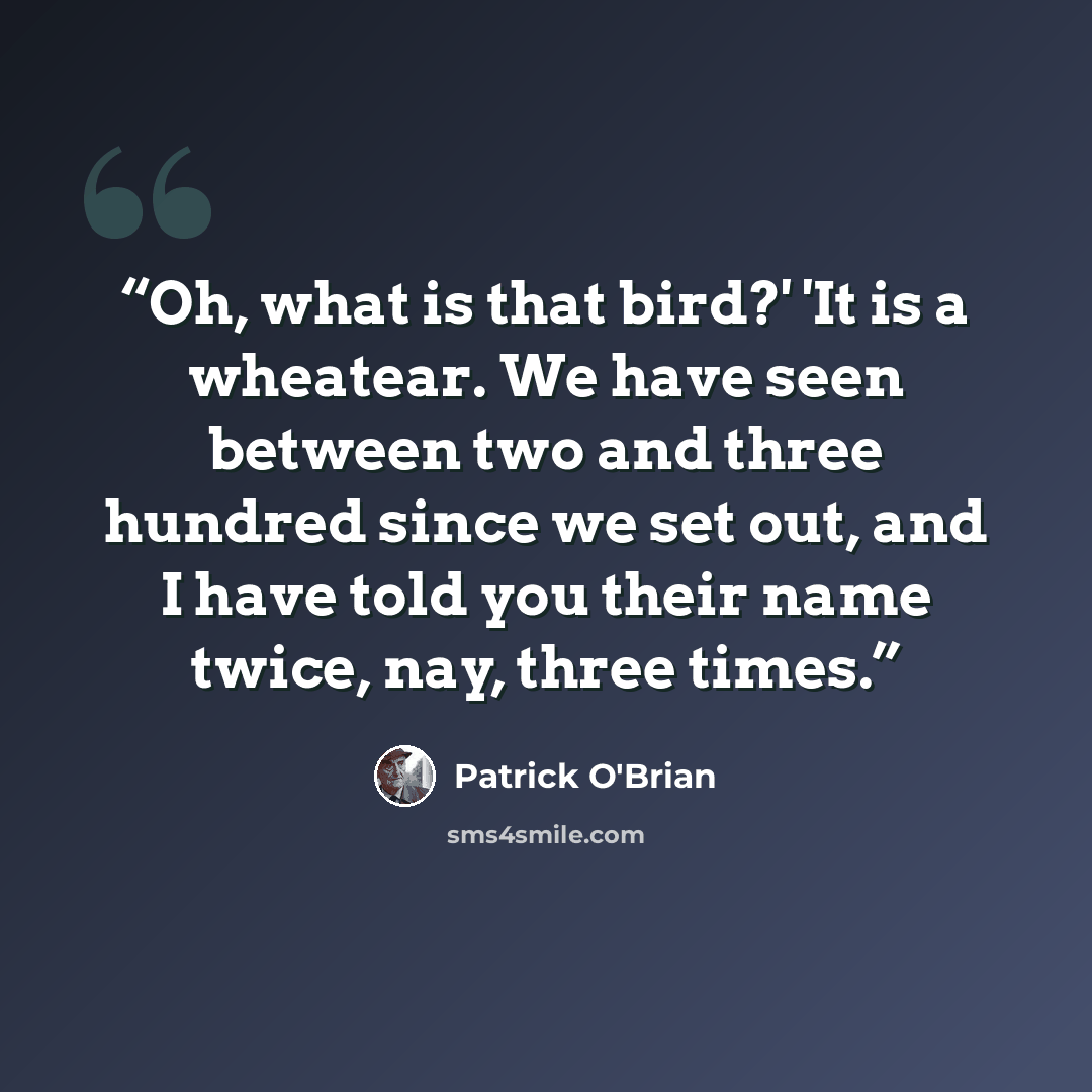 “Oh, what is that bird?' 'It is a wheatear. We have seen between two and three hundred since we set out, and I have told you their name twice, nay, three times.” quote by Patrick O'Brian