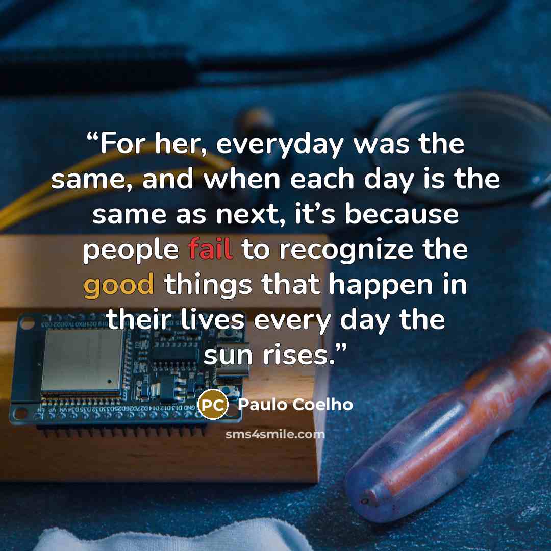 “For her, everyday was the same, and when each day is the same as next, it’s because people fail to recognize the good things that happen in their lives every day the sun rises.” quote by Paulo Coelho