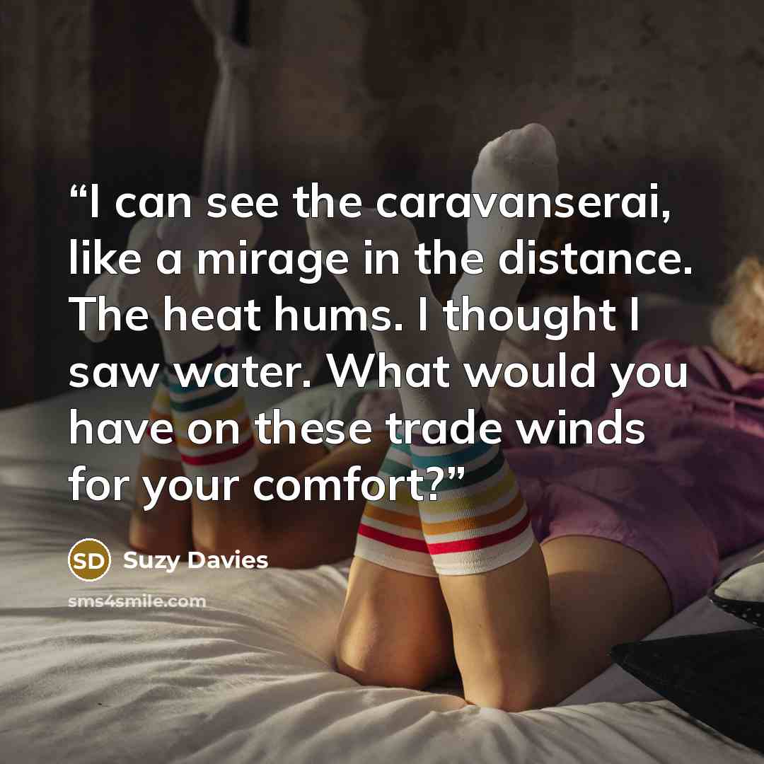 “I can see the caravanserai, like a mirage in the distance. The heat hums. I thought I saw water. What would you have on these trade winds for your comfort?” quote by Suzy Davies