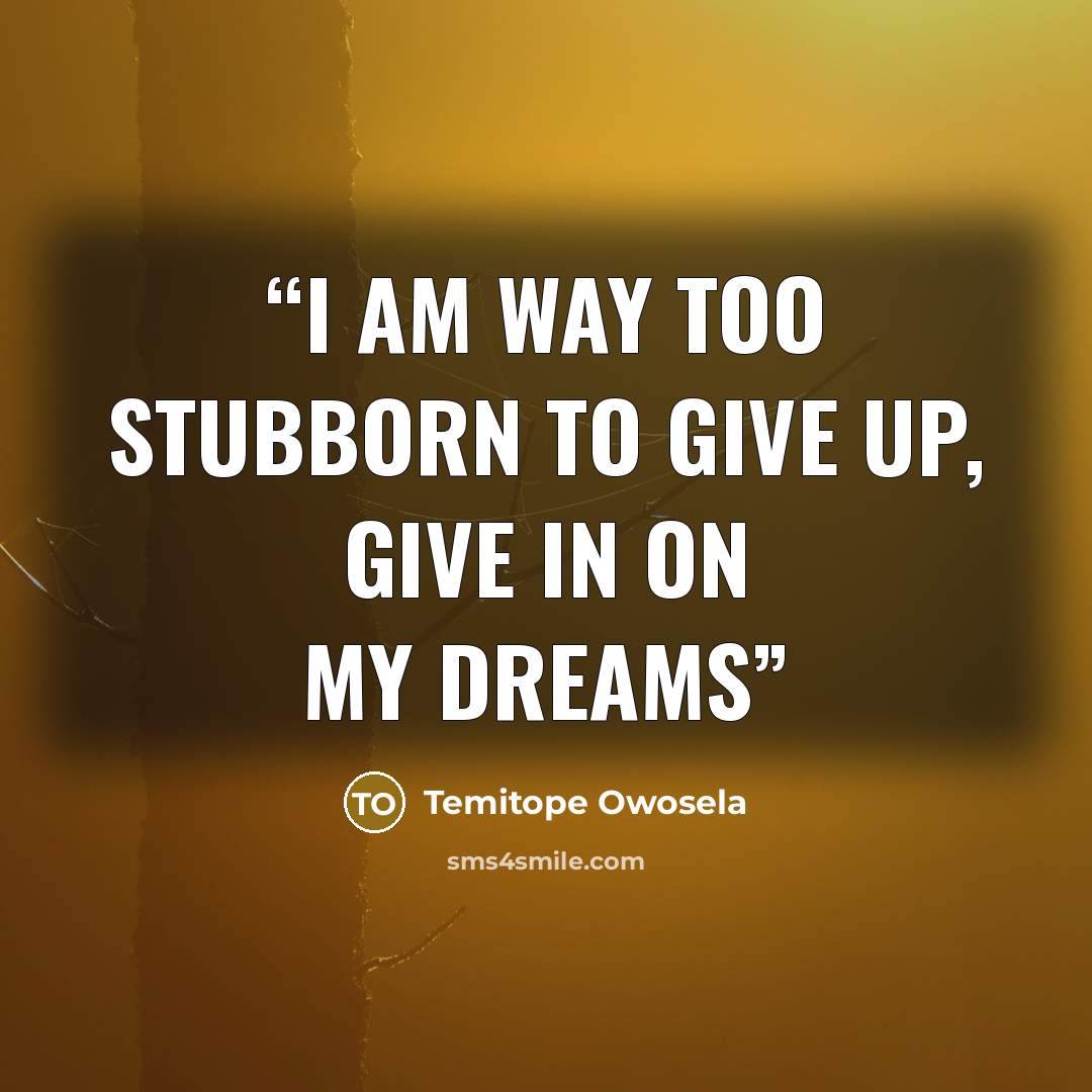 “I am way too stubborn to give up, give in on my dreams” quote by Temitope Owosela