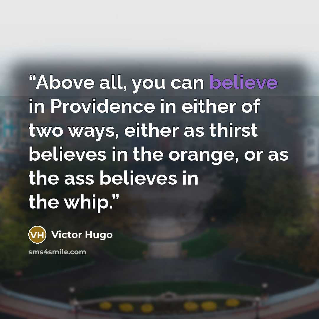 “Above all, you can believe in Providence in either of two ways, either as thirst believes in the orange, or as the ass believes in the whip.” quote by Victor Hugo