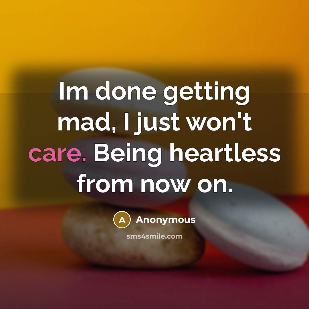 “Im done getting mad, I just won't care. Being heartless from now on.” quote by Anonymous
