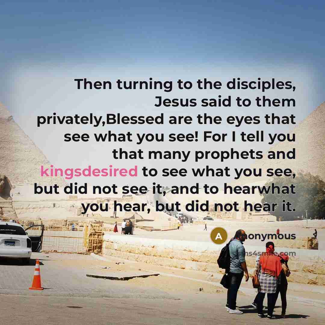 “Then turning to the disciples, Jesus said to them privately,Blessed are the eyes that see what you see! For I tell you that many prophets and kingsdesired to see what you see, but did not see it, and to hearwhat you hear, but did not hear it.” quote by Anonymous