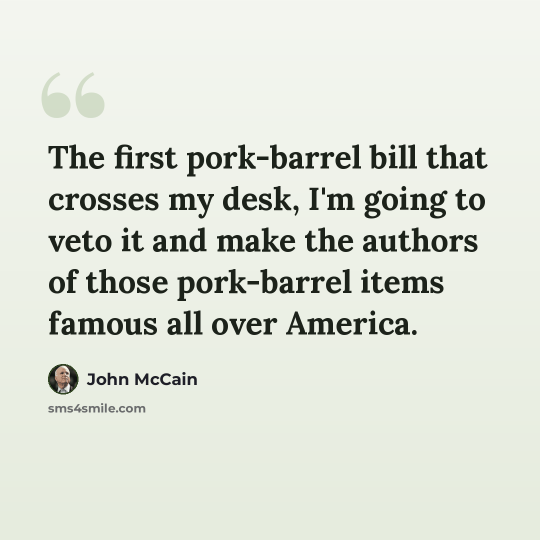 “The first pork-barrel bill that crosses my desk, I'm going to veto it and make the authors of those pork-barrel items famous all over America.” quote by John McCain
