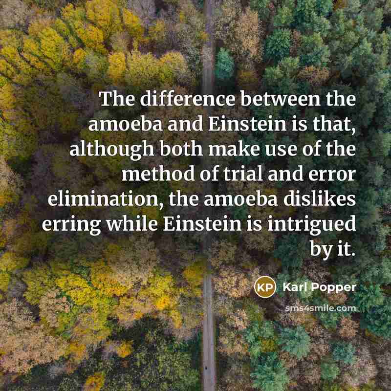 “The difference between the amoeba and Einstein is that, although both make use of the method of trial and error elimination, the amoeba dislikes erring while Einstein is intrigued by it.” quote by Karl Popper