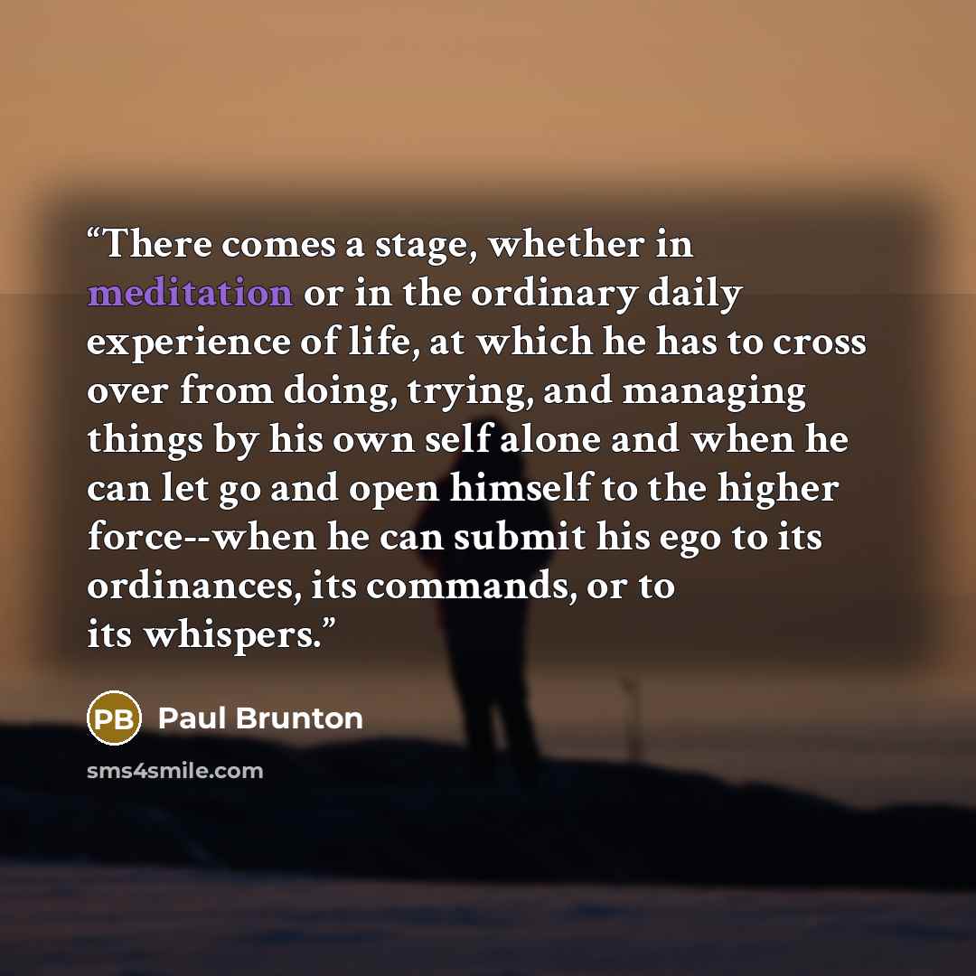 “There comes a stage, whether in meditation or in the ordinary daily experience of life, at which he has to cross over from doing, trying, and managing things by his own self alone and when he can let go and open himself to the higher force--when he can submit his ego to its ordinances, its…” quote by Paul Brunton