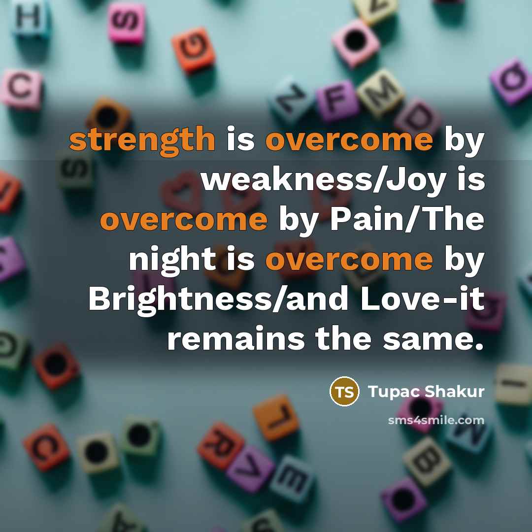 “strength is overcome by weakness/Joy is overcome by Pain/The night is overcome by Brightness/and Love-it remains the same.” quote by Tupac Shakur