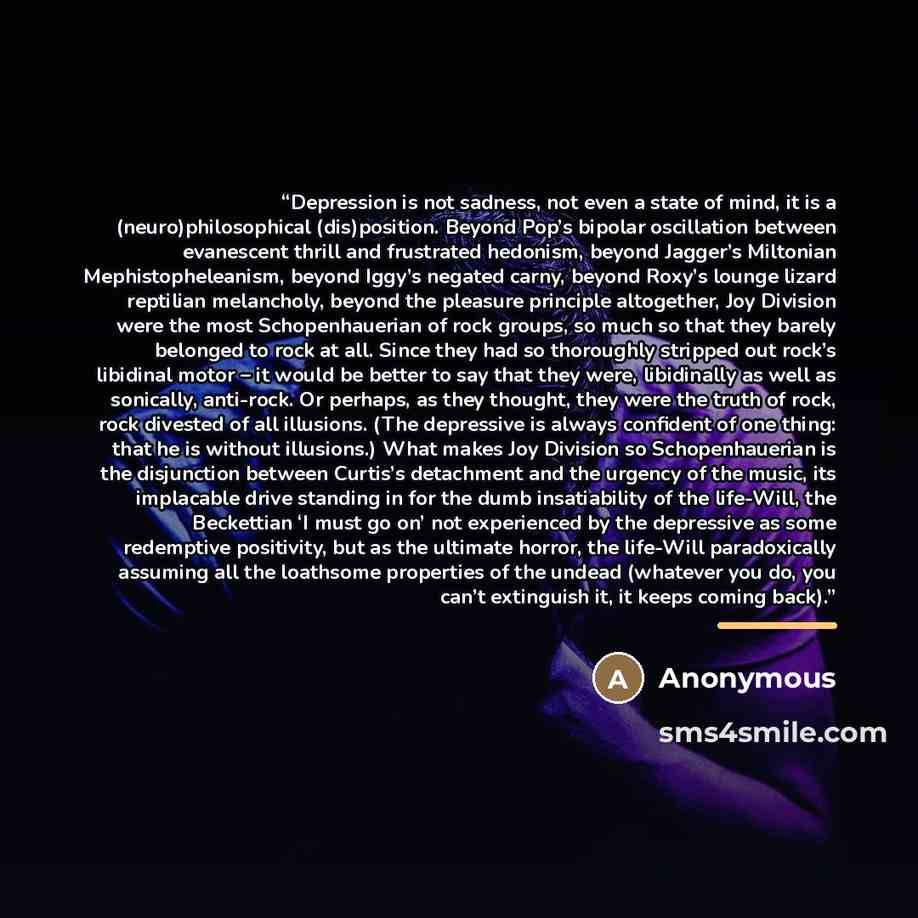 “Depression is not sadness, not even a state of mind, it is a (neuro)philosophical (dis)position. Beyond Pop’s bipolar oscillation between evanescent thrill and frustrated hedonism, beyond Jagger’s Miltonian Mephistopheleanism, beyond Iggy’s negated carny, beyond Roxy’s lounge lizard reptilian…” quote by Anonymous