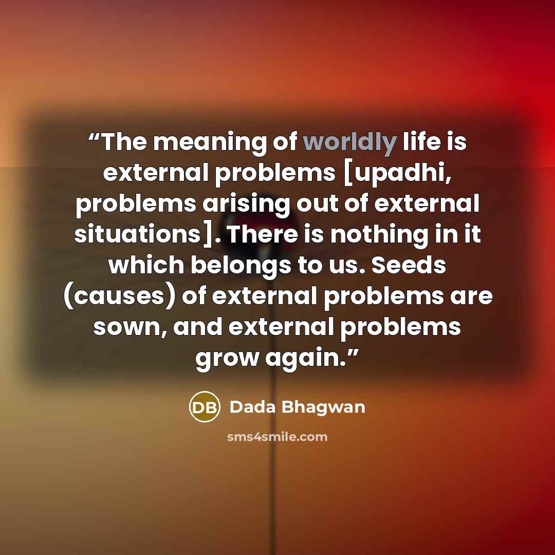 “The meaning of worldly life is external problems [upadhi, problems arising out of external situations]. There is nothing in it which belongs to us. Seeds (causes) of external problems are sown, and external problems grow again.” quote by Dada Bhagwan