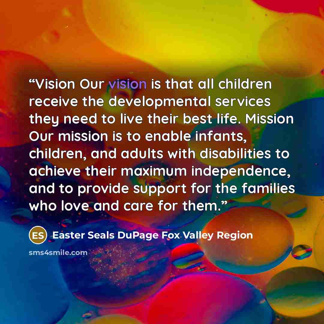 “Vision Our vision is that all children receive the developmental services they need to live their best life. Mission Our mission is to enable infants, children, and adults with disabilities to achieve their maximum independence, and to provide support for the families who love and care for them.” quote by Easter Seals DuPage Fox Valley Region