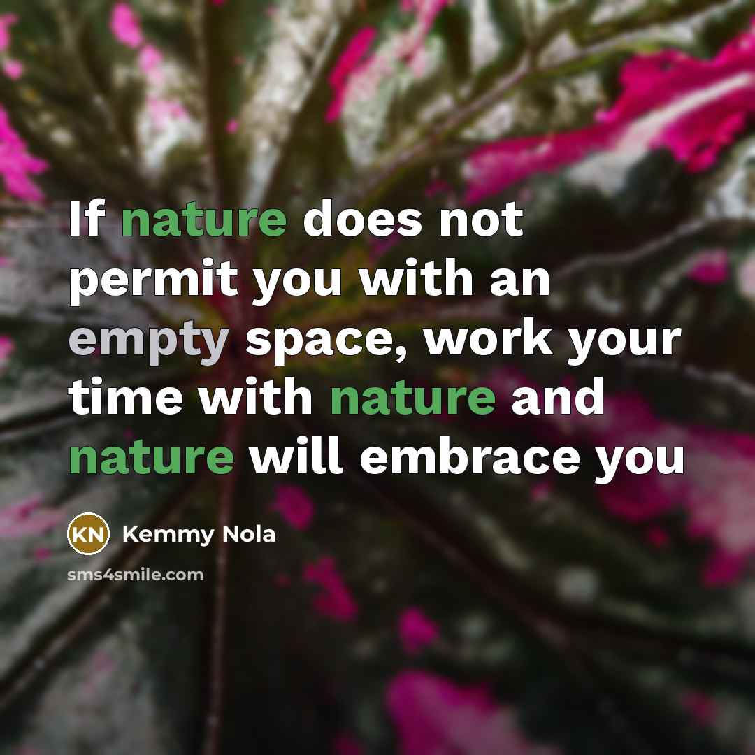 “If nature does not permit you with an empty space, work your time with nature and nature will embrace you” quote by Kemmy Nola