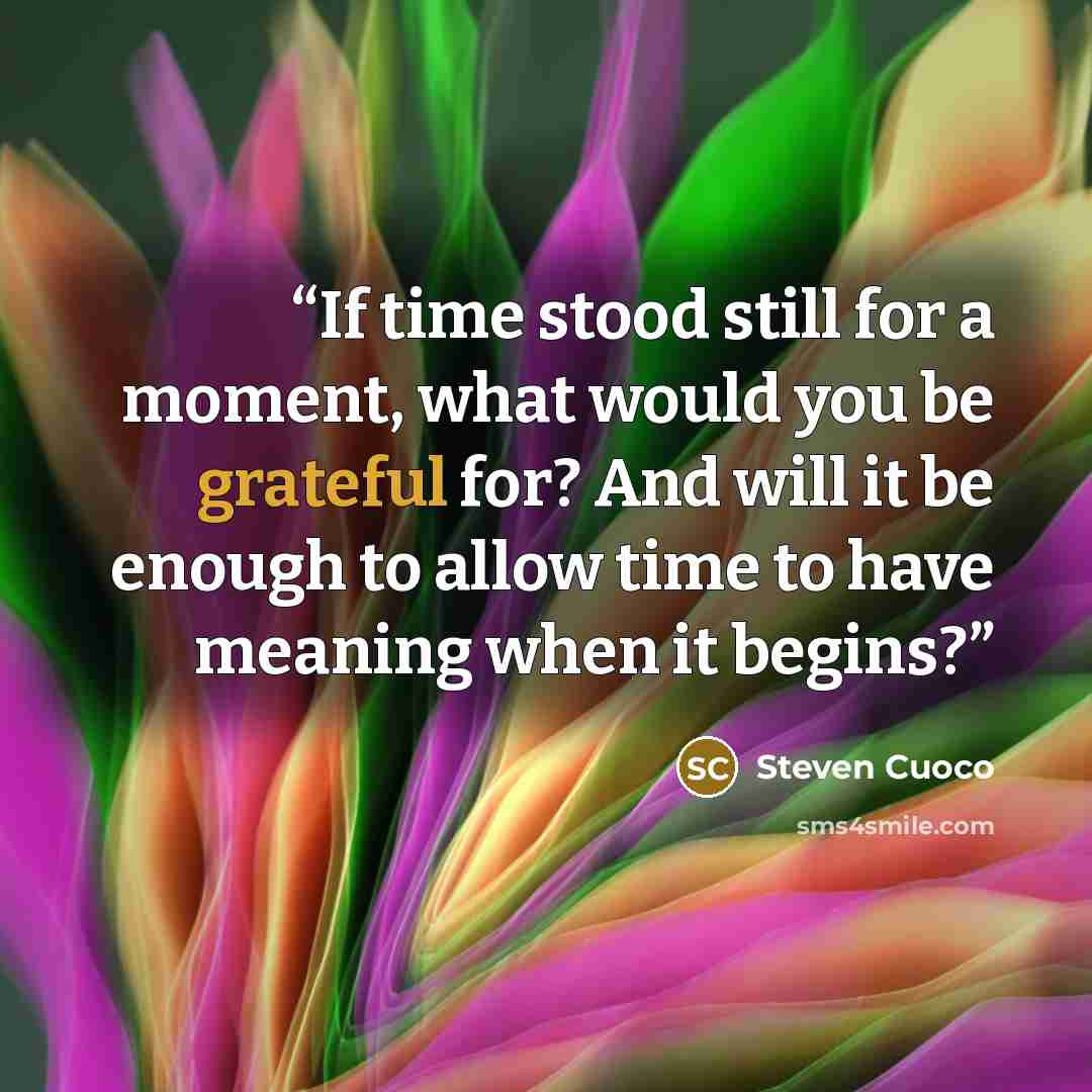 “If time stood still for a moment, what would you be grateful for? And will it be enough to allow time to have meaning when it begins?” quote by Steven Cuoco