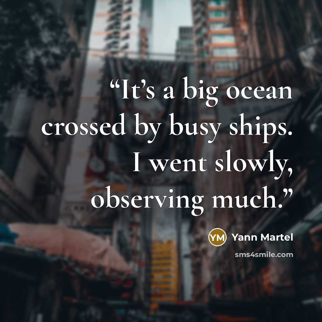 “It’s a big ocean crossed by busy ships. I went slowly, observing much.” quote by Yann Martel