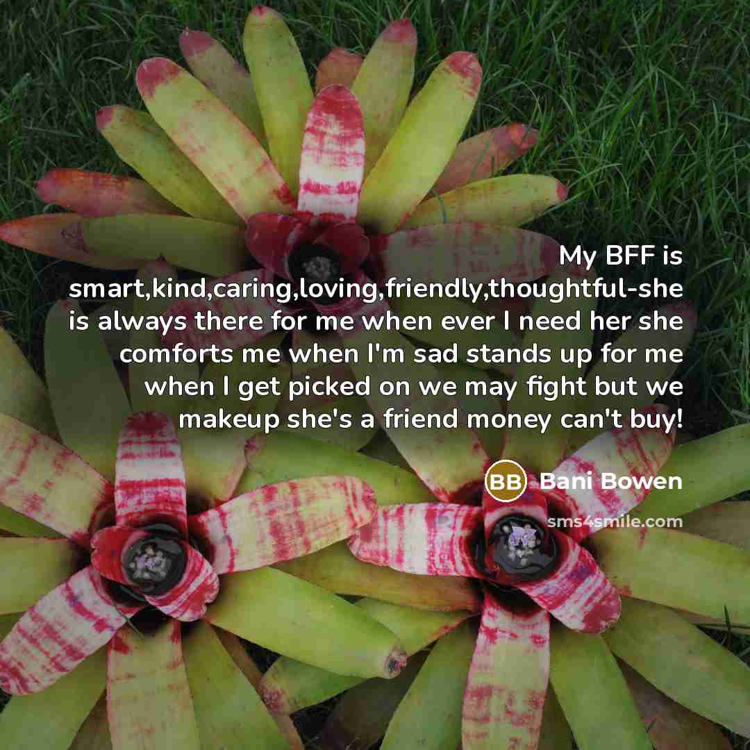 “My BFF is smart,kind,caring,loving,friendly,thoughtful-she is always there for me when ever I need her she comforts me when I'm sad stands up for me when I get picked on we may fight but we makeup she's a friend money can't buy!” quote by Bani Bowen