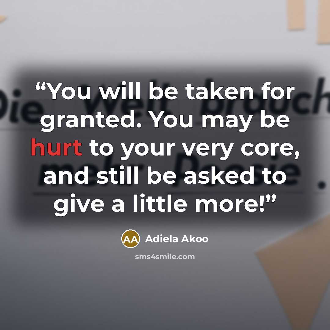 “You will be taken for granted. You may be hurt to your very core, and still be asked to give a little more!” quote by Adiela Akoo
