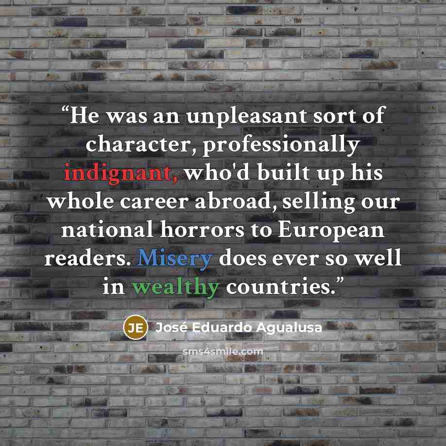 “He was an unpleasant sort of character, professionally indignant, who'd built up his whole career abroad, selling our national horrors to European readers. Misery does ever so well in wealthy countries.” quote by José Eduardo Agualusa