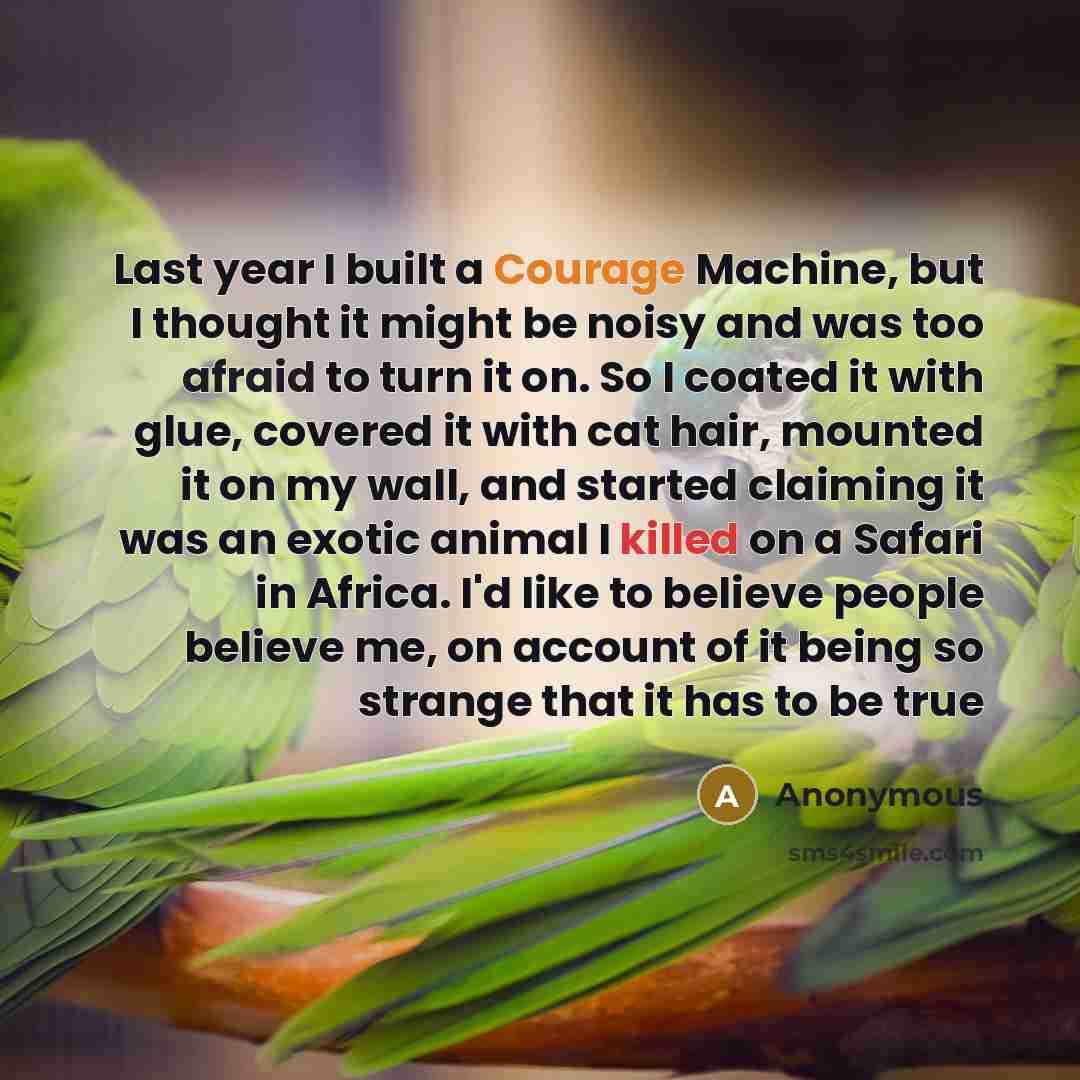 “Last year I built a Courage Machine, but I thought it might be noisy and was too afraid to turn it on. So I coated it with glue, covered it with cat hair, mounted it on my wall, and started claiming it was an exotic animal I killed on a Safari in Africa. I'd like to believe people believe me, on…” quote by Anonymous