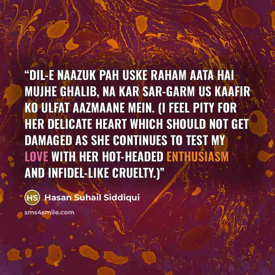 “Dil-e naazuk pah uske raham aata hai mujhe Ghalib, Na kar sar-garm us kaafir ko ulfat aazmaane mein. (I feel pity for her delicate heart which should not get damaged as she continues to test my love with her hot-headed enthusiasm and infidel-like cruelty.)” quote by Hasan Suhail Siddiqui