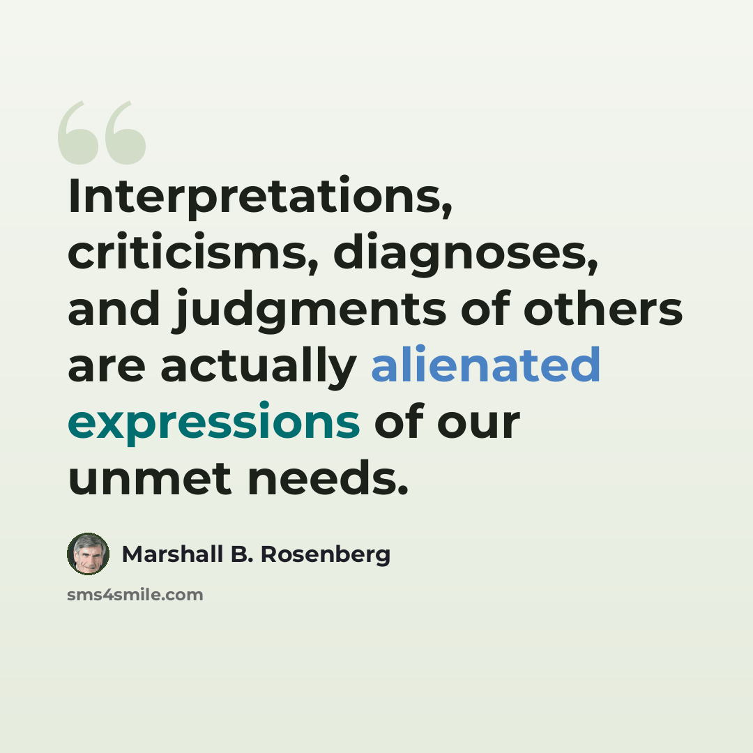 “Interpretations, criticisms, diagnoses, and judgments of others are actually alienated expressions of our unmet needs.” quote by Marshall B. Rosenberg