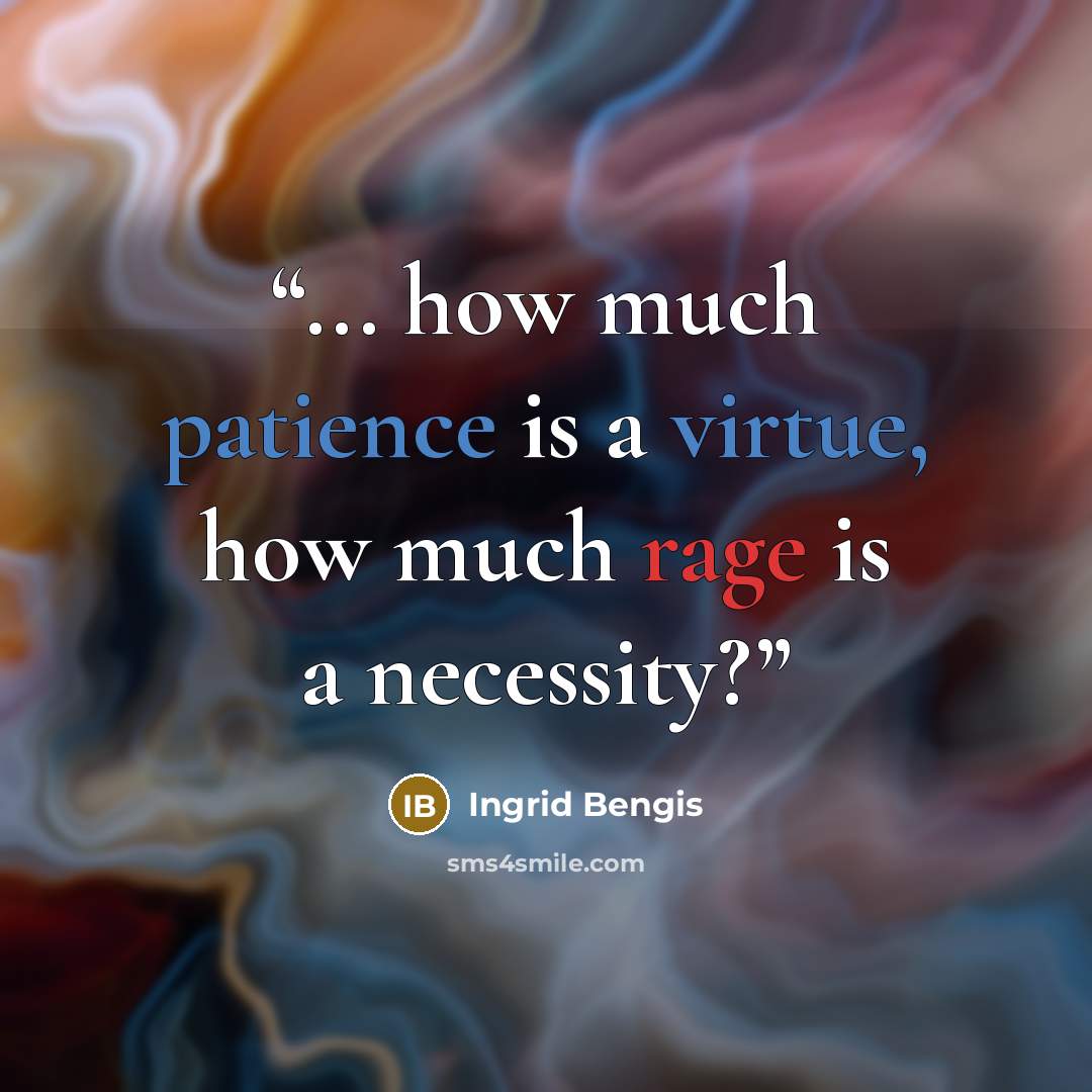 “... how much patience is a virtue, how much rage is a necessity?” quote by Ingrid Bengis