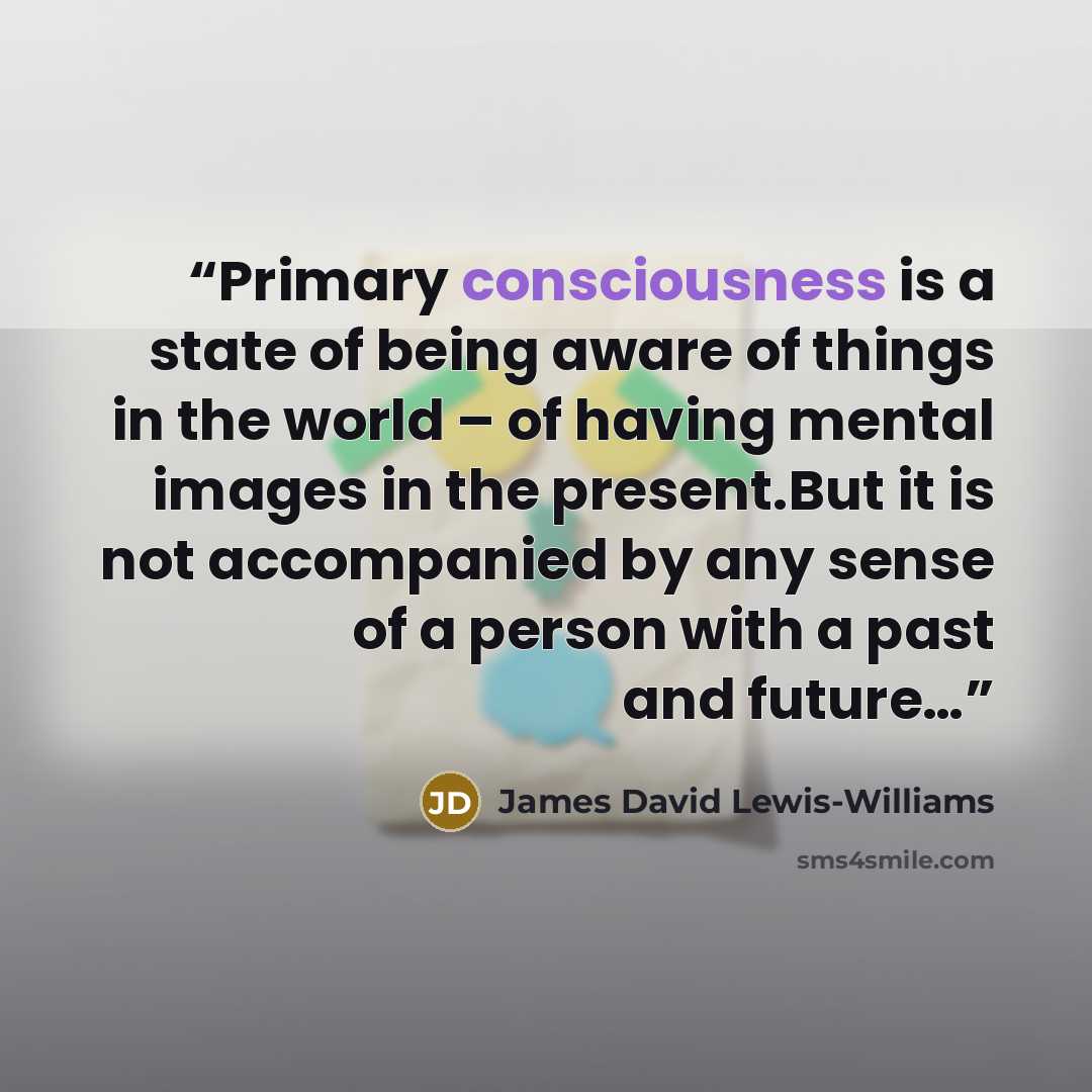 “Primary consciousness is a state of being aware of things in the world – of having mental images in the present.But it is not accompanied by any sense of a person with a past and future…” quote by James David Lewis-Williams