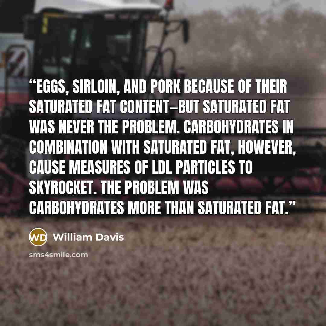 “eggs, sirloin, and pork because of their saturated fat content—but saturated fat was never the problem. Carbohydrates in combination with saturated fat, however, cause measures of LDL particles to skyrocket. The problem was carbohydrates more than saturated fat.” quote by William Davis