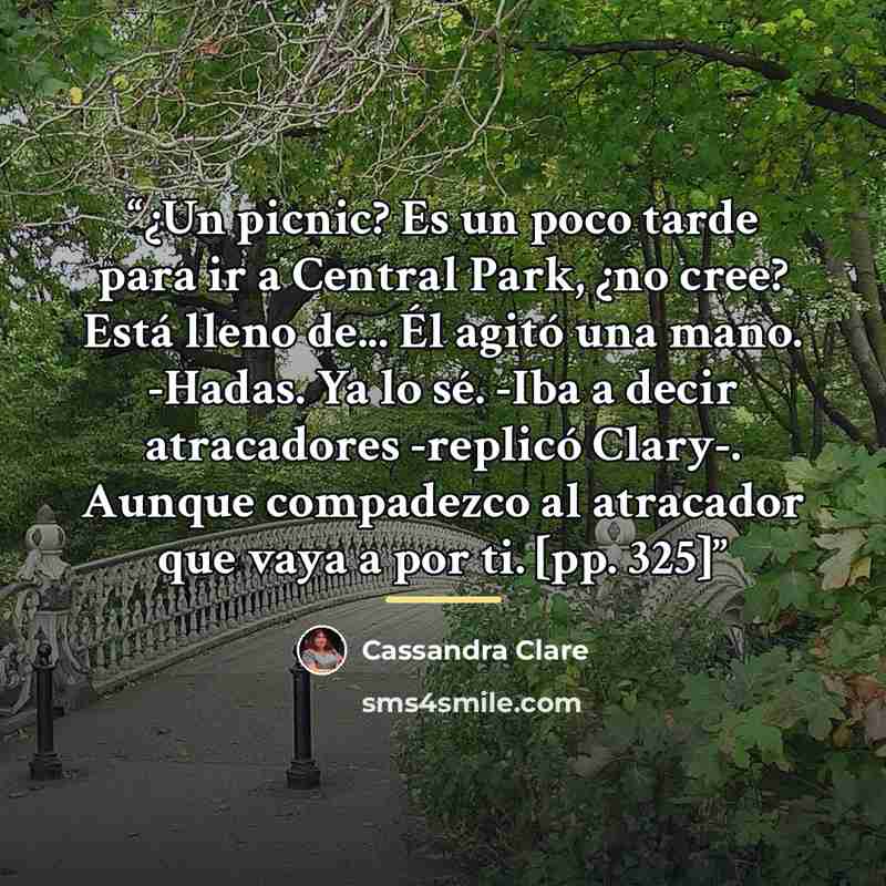 “¿Un picnic? Es un poco tarde para ir a Central Park, ¿no cree? Está lleno de... Él agitó una mano. -Hadas. Ya lo sé. -Iba a decir atracadores -replicó Clary-. Aunque compadezco al atracador que vaya a por ti. [pp. 325]” quote by Cassandra Clare