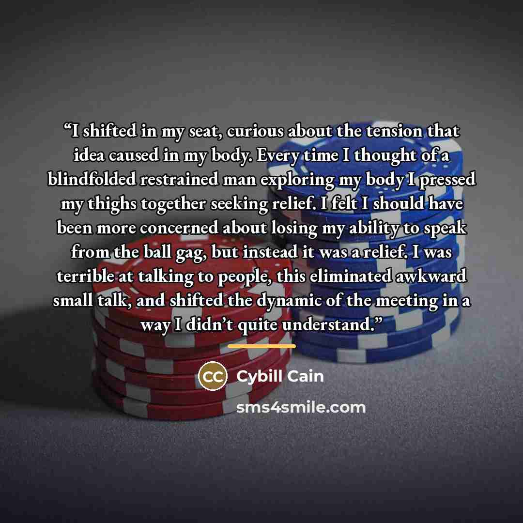 “I shifted in my seat, curious about the tension that idea caused in my body. Every time I thought of a blindfolded restrained man exploring my body I pressed my thighs together seeking relief. I felt I should have been more concerned about losing my ability to speak from the ball gag, but instead…” quote by Cybill Cain