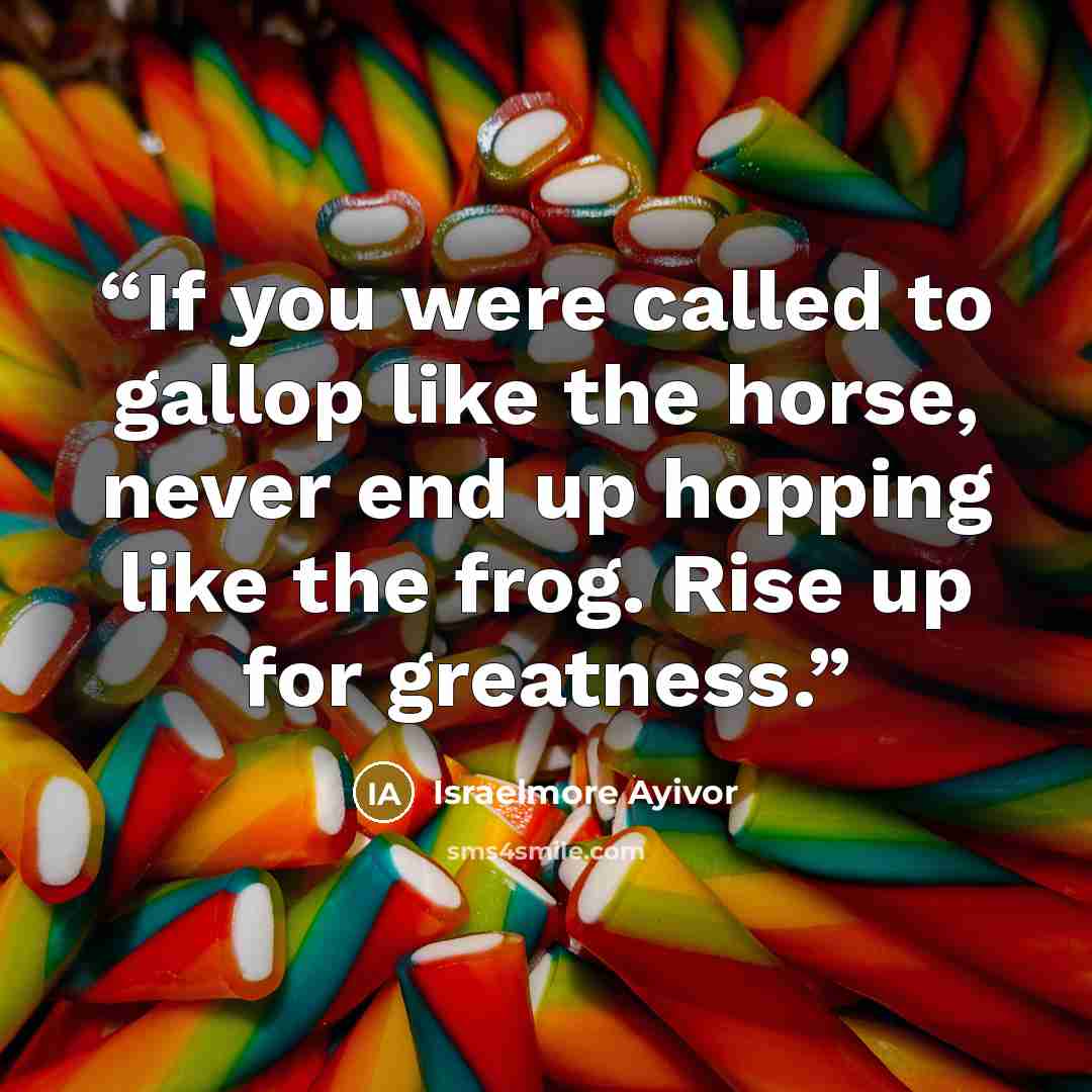 “If you were called to gallop like the horse, never end up hopping like the frog. Rise up for greatness.” quote by Israelmore Ayivor