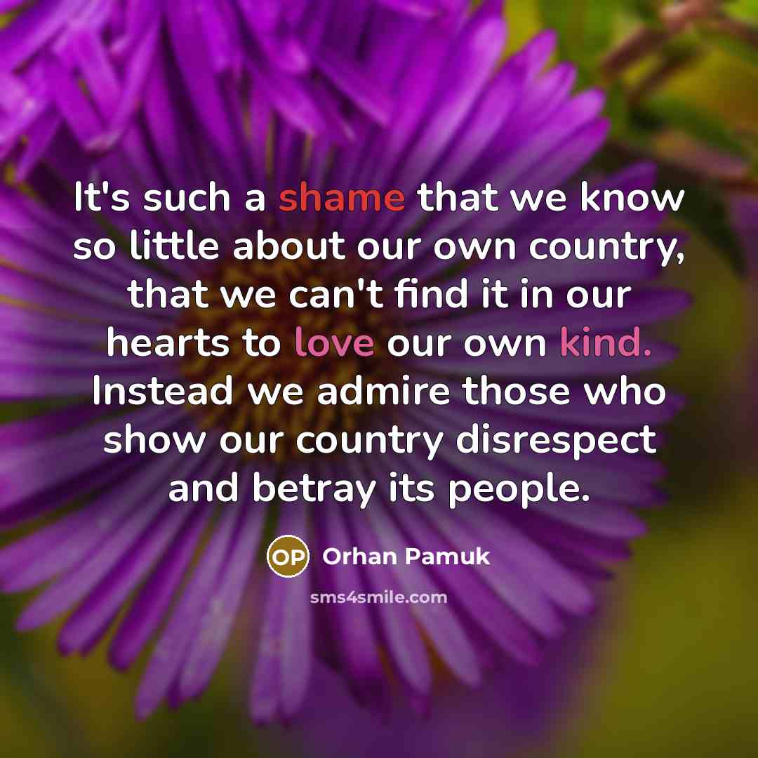 “It's such a shame that we know so little about our own country, that we can't find it in our hearts to love our own kind. Instead we admire those who show our country disrespect and betray its people.” quote by Orhan Pamuk