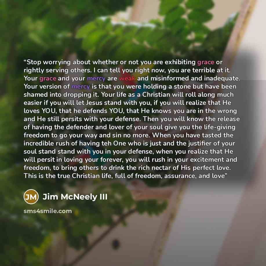 “Stop worrying about whether or not you are exhibiting grace or rightly serving others. I can tell you right now, you are terrible at it. Your grace and your mercy are weak and misinformed and inadequate. Your version of mercy is that you were holding a stone but have been shamed into dropping it…” quote by Jim McNeely III