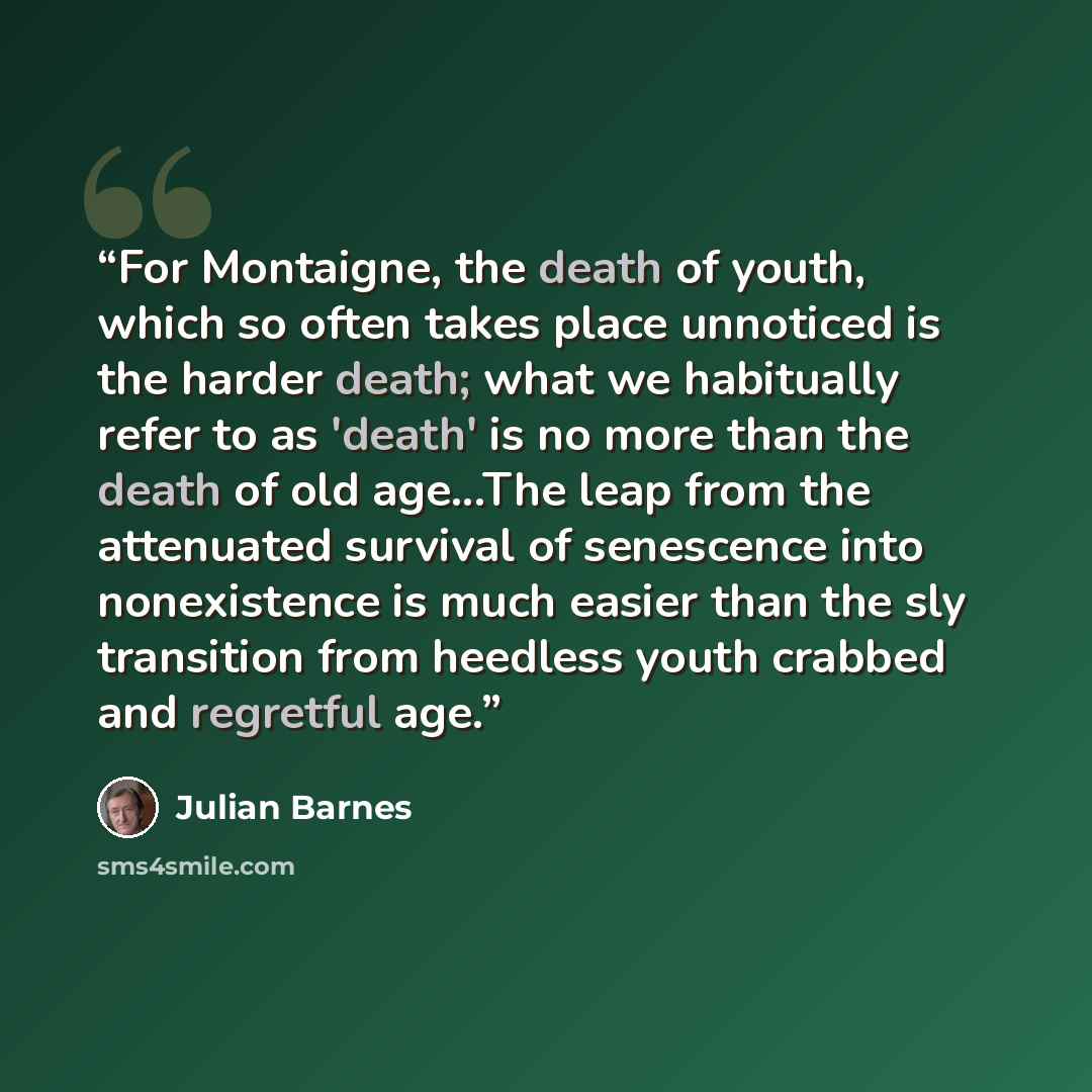 “For Montaigne, the death of youth, which so often takes place unnoticed is the harder death; what we habitually refer to as 'death' is no more than the death of old age...The leap from the attenuated survival of senescence into nonexistence is much easier than the sly transition from heedless…” quote by Julian Barnes