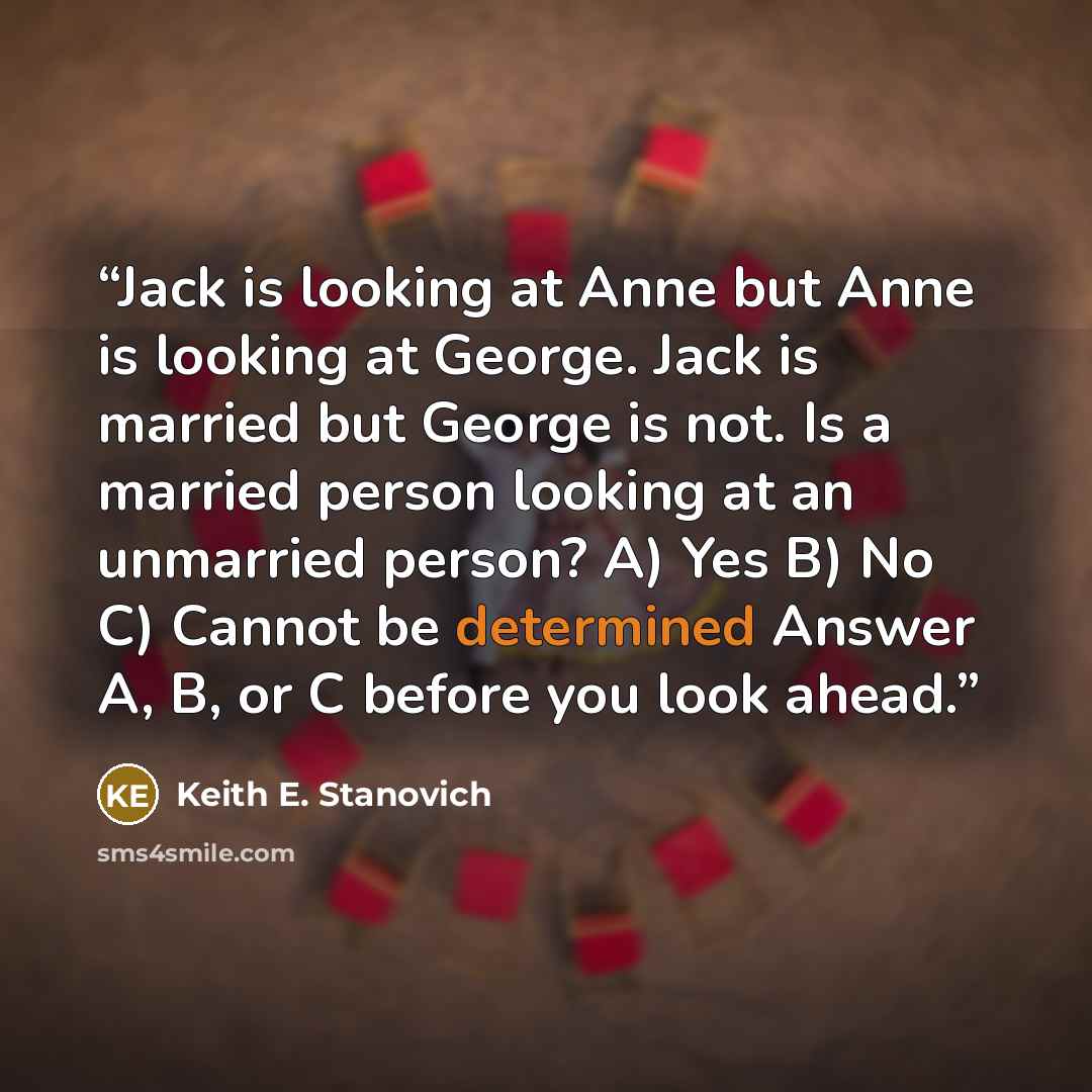 “Jack is looking at Anne but Anne is looking at George. Jack is married but George is not. Is a married person looking at an unmarried person? A) Yes B) No C) Cannot be determined Answer A, B, or C before you look ahead.” quote by Keith E. Stanovich