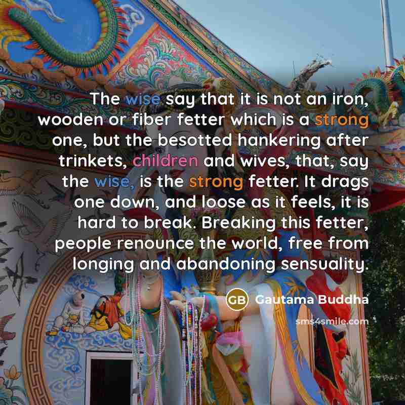 “The wise say that it is not an iron, wooden or fiber fetter which is a strong one, but the besotted hankering after trinkets, children and wives, that, say the wise, is the strong fetter. It drags one down, and loose as it feels, it is hard to break. Breaking this fetter, people renounce the…” quote by Gautama Buddha