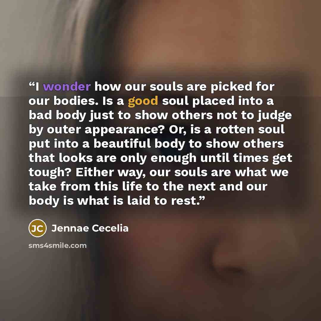“I wonder how our souls are picked for our bodies. Is a good soul placed into a bad body just to show others not to judge by outer appearance? Or, is a rotten soul put into a beautiful body to show others that looks are only enough until times get tough? Either way, our souls are what we take from…” quote by Jennae Cecelia