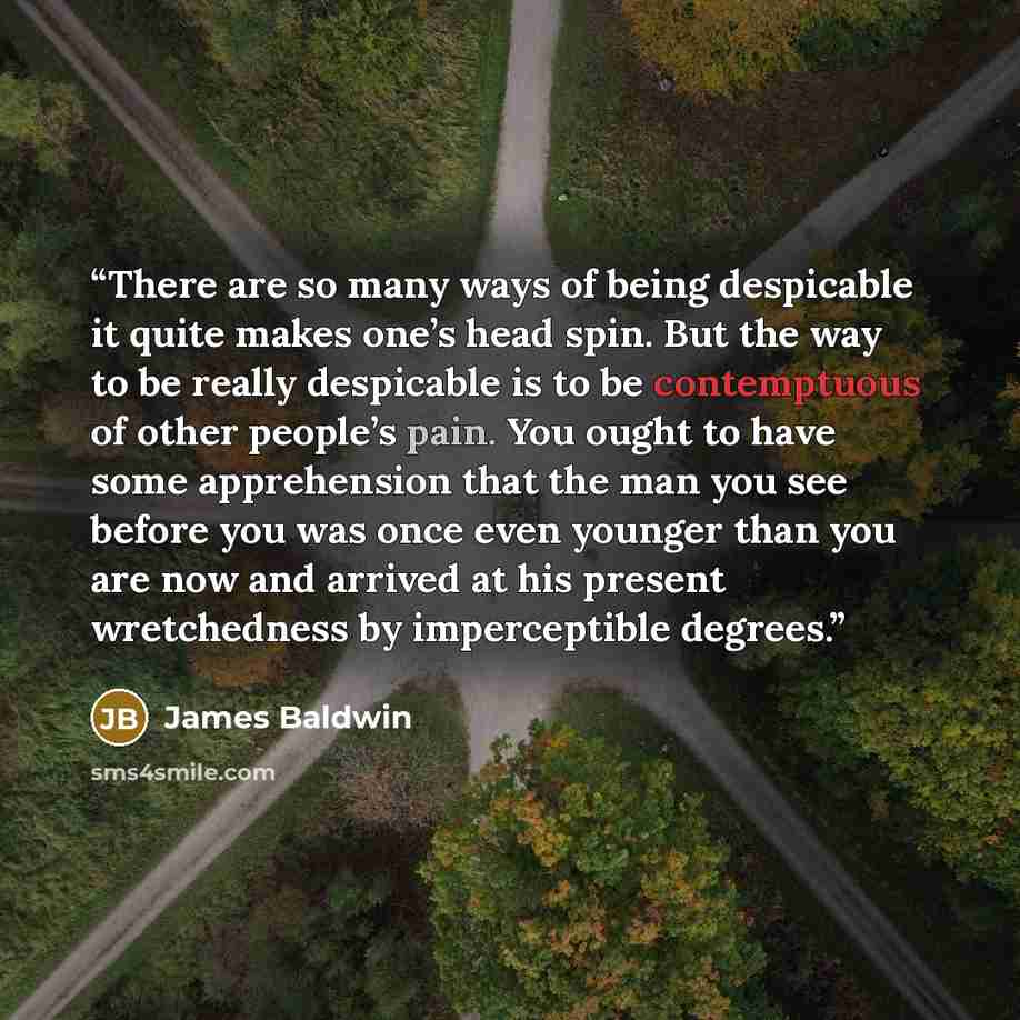 “There are so many ways of being despicable it quite makes one’s head spin. But the way to be really despicable is to be contemptuous of other people’s pain. You ought to have some apprehension that the man you see before you was once even younger than you are now and arrived at his present…” quote by James Baldwin