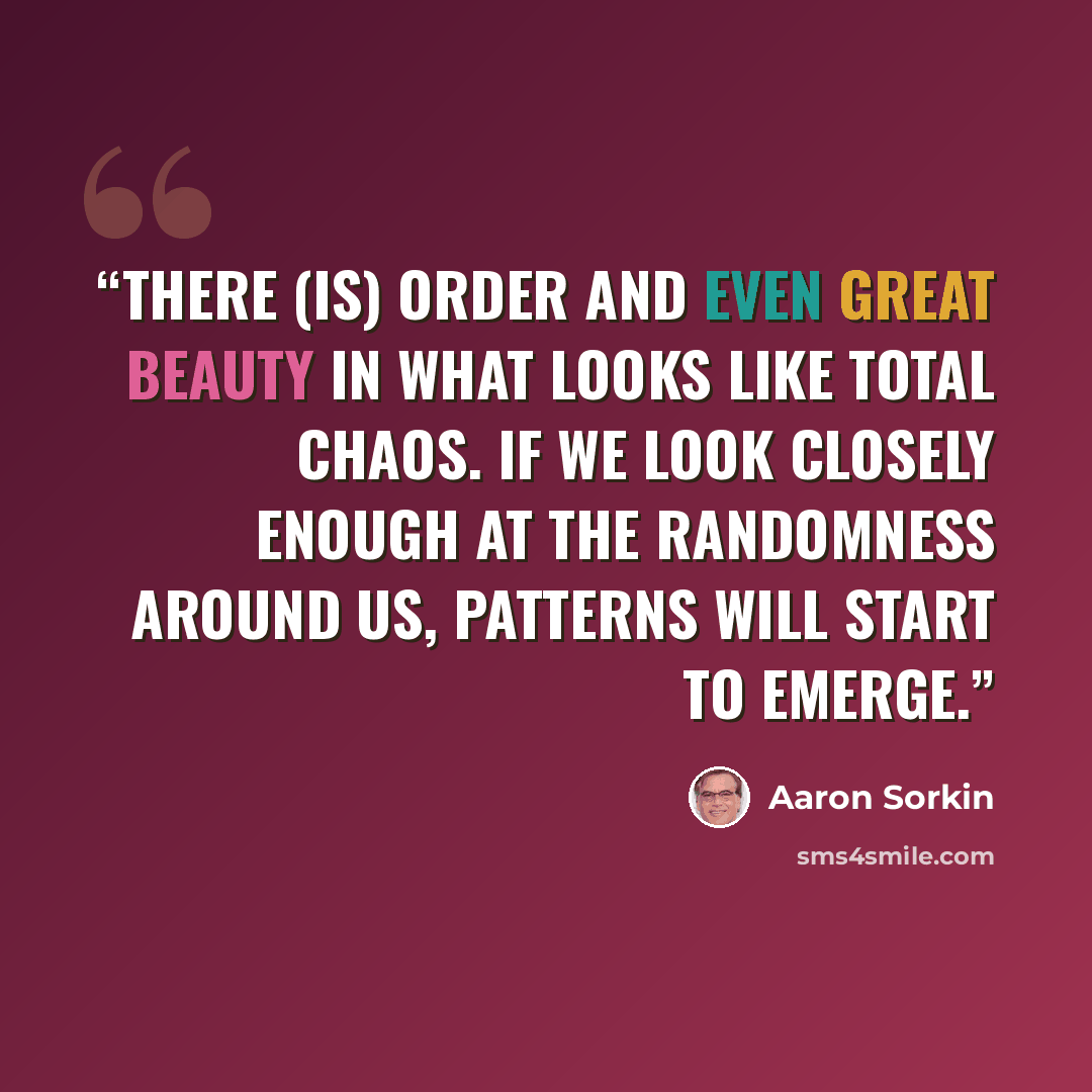 “There (is) order and even great beauty in what looks like total chaos. If we look closely enough at the randomness around us, patterns will start to emerge.” quote by Aaron Sorkin