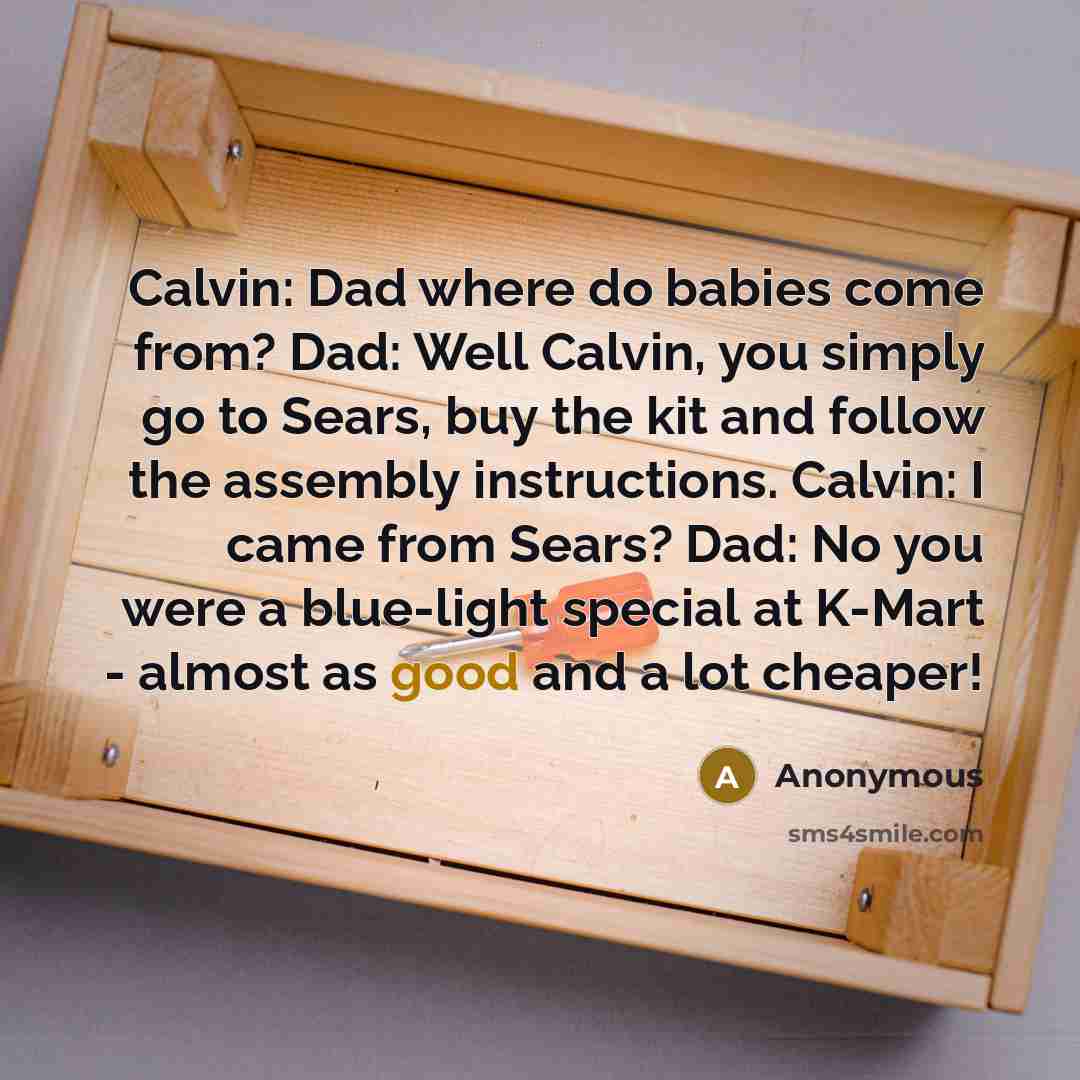 “Calvin: Dad where do babies come from? Dad: Well Calvin, you simply go to Sears, buy the kit and follow the assembly instructions. Calvin: I came from Sears? Dad: No you were a blue-light special at K-Mart - almost as good and a lot cheaper!” quote by Anonymous