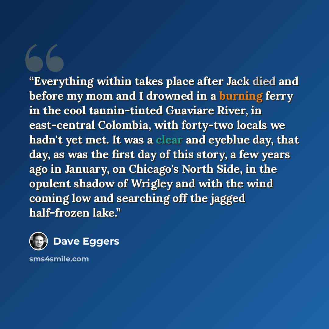 “Everything within takes place after Jack died and before my mom and I drowned in a burning ferry in the cool tannin-tinted Guaviare River, in east-central Colombia, with forty-two locals we hadn't yet met. It was a clear and eyeblue day, that day, as was the first day of this story, a few years…” quote by Dave Eggers