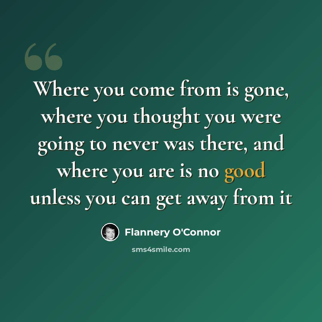 “Where you come from is gone, where you thought you were going to never was there, and where you are is no good unless you can get away from it” quote by Flannery O'Connor