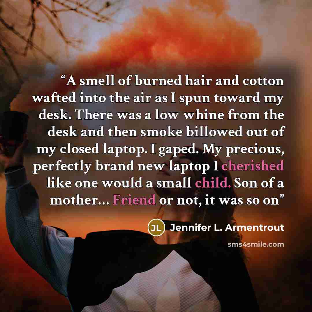 “A smell of burned hair and cotton wafted into the air as I spun toward my desk. There was a low whine from the desk and then smoke billowed out of my closed laptop. I gaped. My precious, perfectly brand new laptop I cherished like one would a small child. Son of a mother… Friend or not, it was so on” quote by Jennifer L. Armentrout