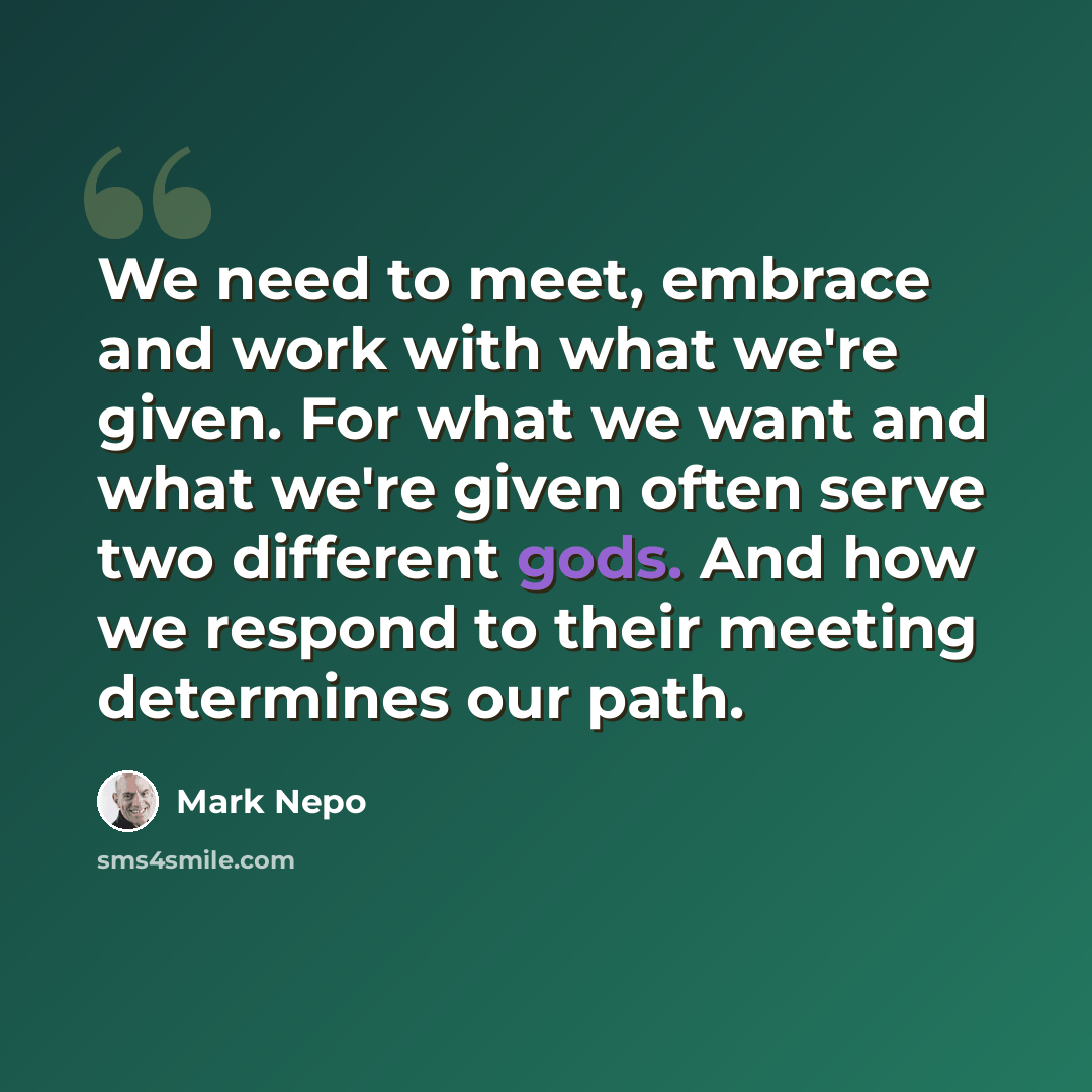 “We need to meet, embrace and work with what we're given. For what we want and what we're given often serve two different gods. And how we respond to their meeting determines our path.” quote by Mark Nepo